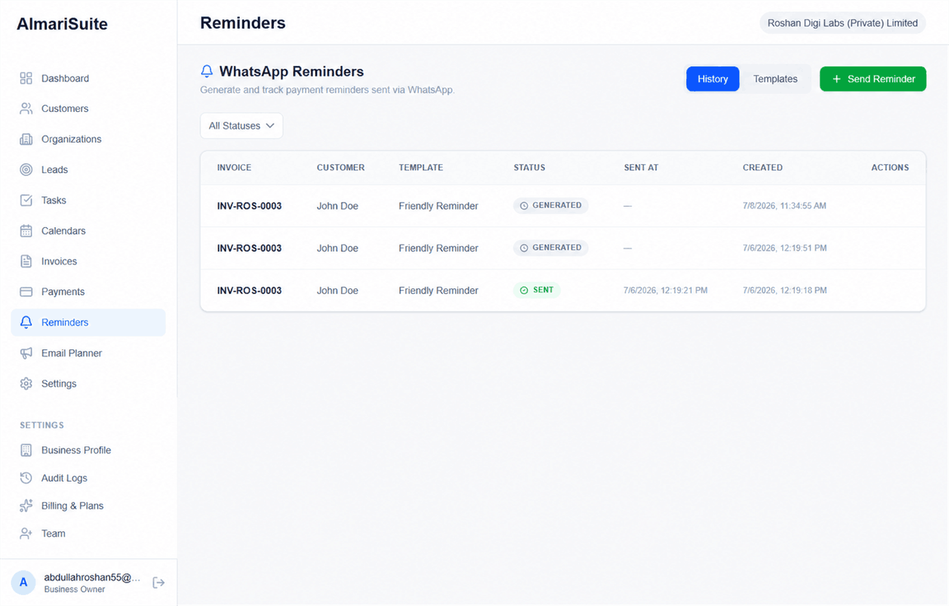AlmariSuite reminders screen with generated WhatsApp reminder actions